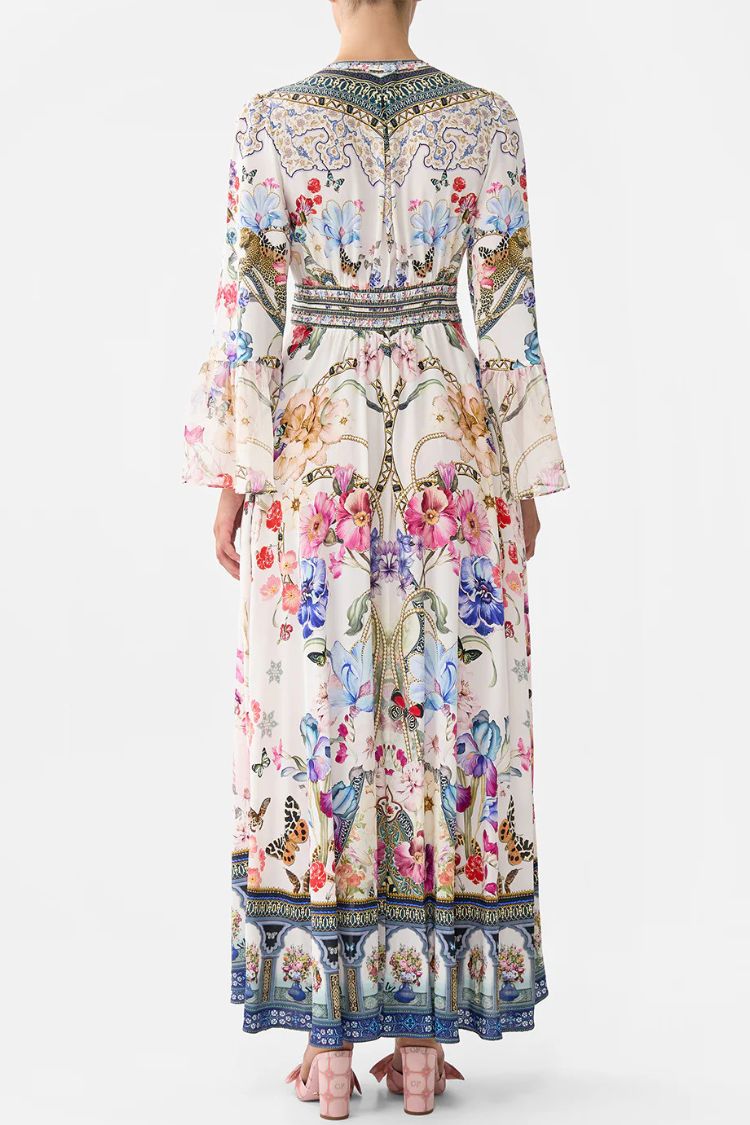 Printed V-neck Long-sleeved Puff Sleeve Waist Maxi Dress