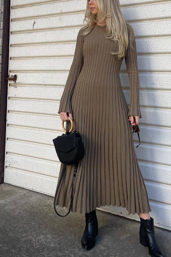 Big Pit Stripe Slimming Long sleeve Long Dress Grey