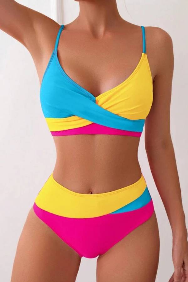 Color-Blocked Cross V-Neck High-Waisted Bikini Set