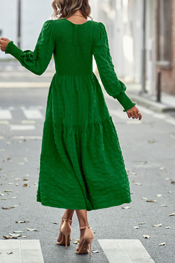 Solid Lantern Sleeve Ruffle Hem Shirred Dress