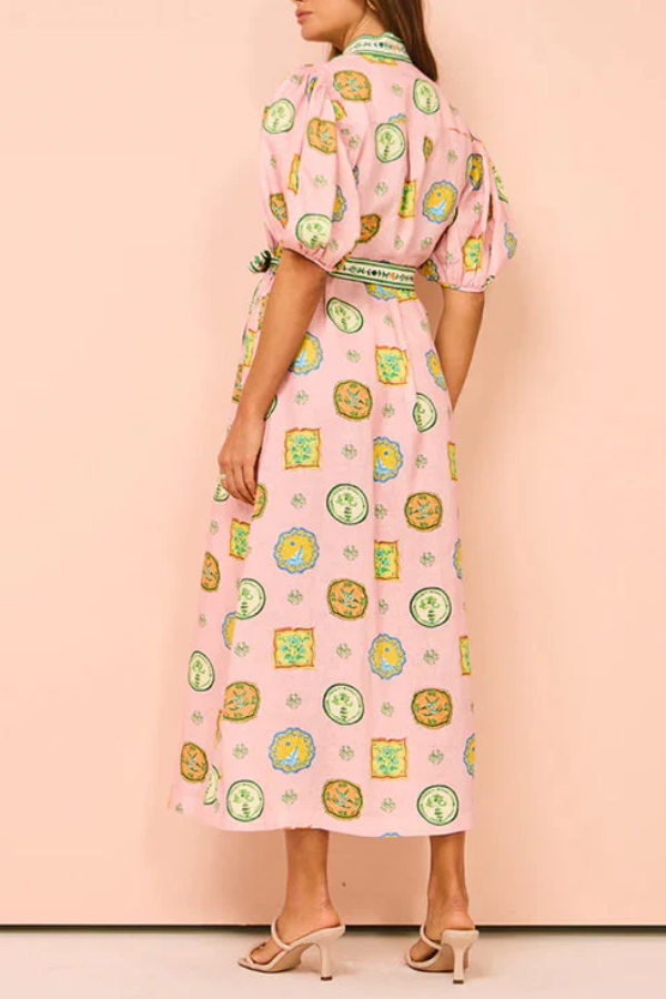 Lantern Sleeves Button Down Tie Waist Printed Midi Shirt Dress