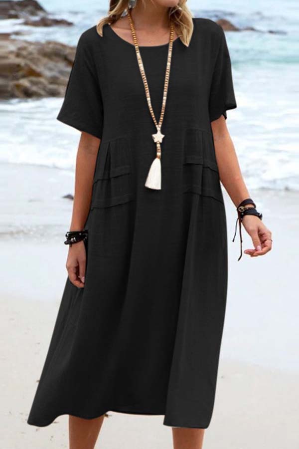 Summer loose casual cotton and linen solid color round neck short-sleeved mid-length dress Black
