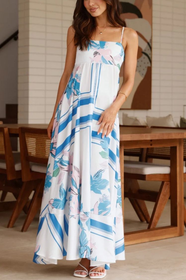 Printed Ruffle Suspender Maxi Dress