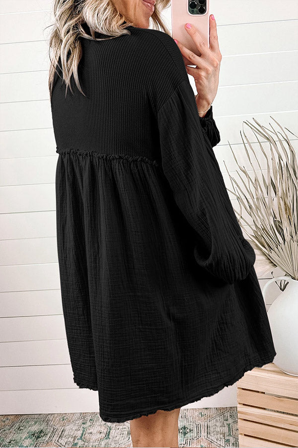 Patchwork Crinkled Puff Sleeve Raw Hem Dress
