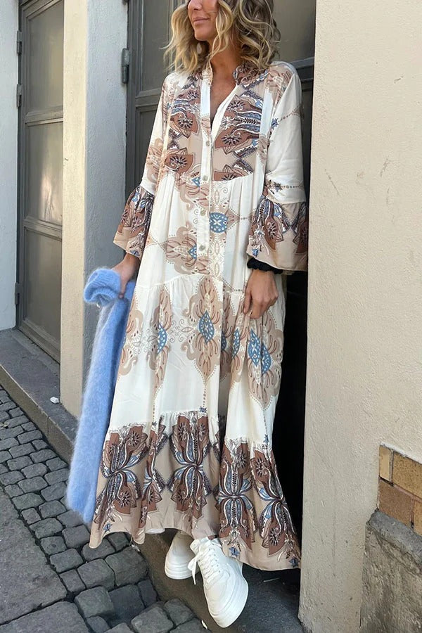 Gracie Paisley Print Button Up Bell Sleeve A-line Maxi Dress Khaki