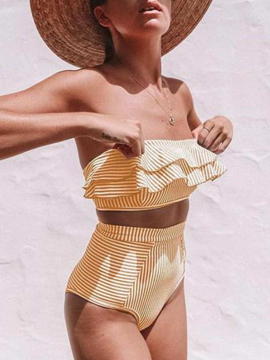 Flounce Sleeve Bandeau Stripe Swimsuit Yellow