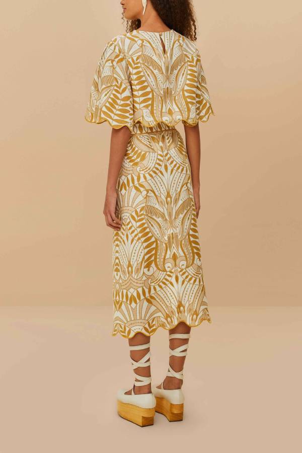 Korra Linen Blend Unique Print Wave Trim Bell Sleeve Top and Elastic Waist Pocket Midi Skirt Set