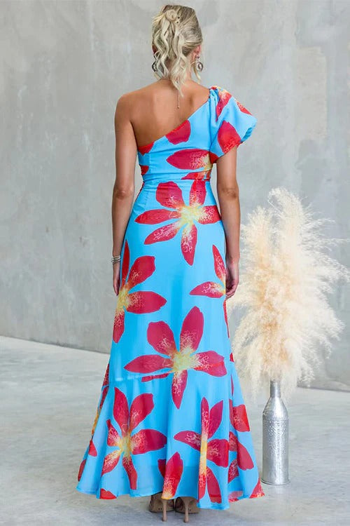 One Shoulder Puff Short Sleeve Floral Print Maxi Dress