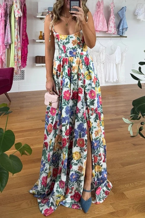 Garden Wedding Floral Print Back Tie-up Pocketed Slit Maxi Dress White
