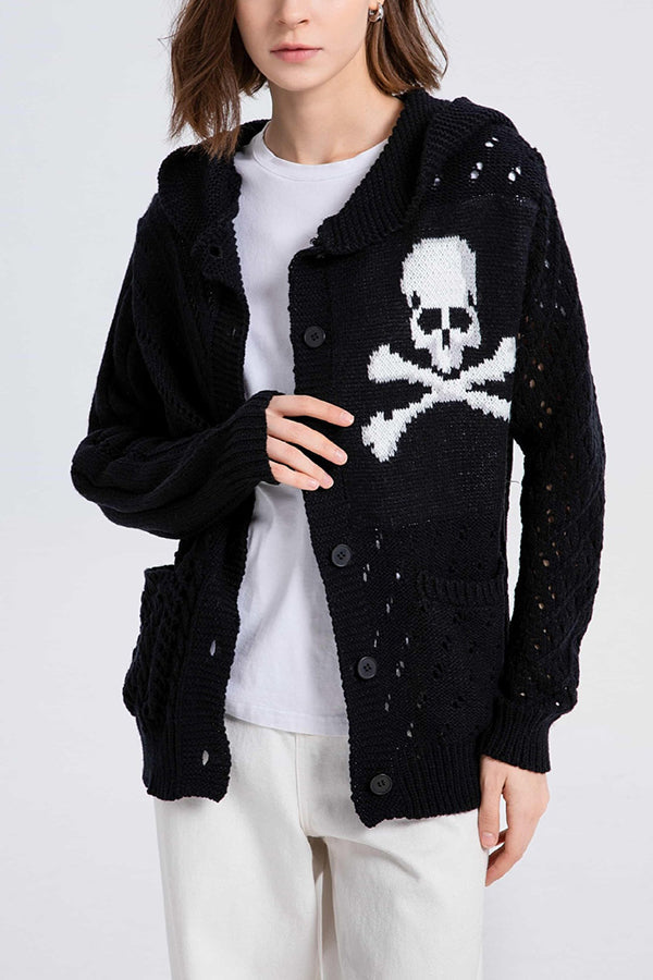 Hollow long-sleeved Halloween skull knitted cardigan with pockets Black