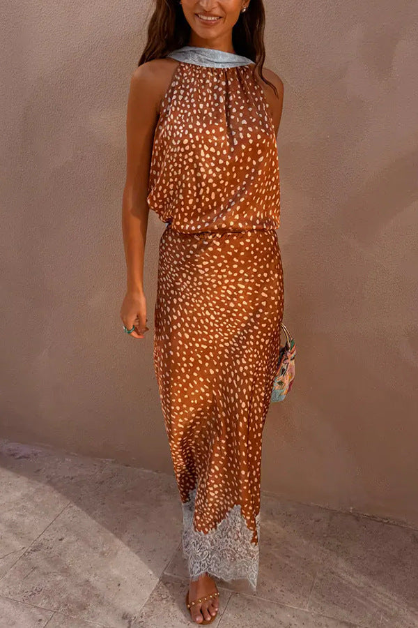 Halter Tie Lace Panel Polka Dot Top