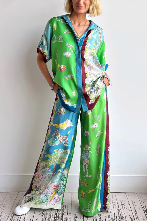 Unique Printed Lapel Short-sleeved Loose Shirt and Elastic Waist Tie Wide-leg Pants Set Green