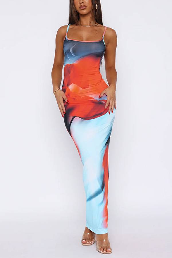 Spaghetti Strap Imperial Sapphire Print Maxi Dress Blue