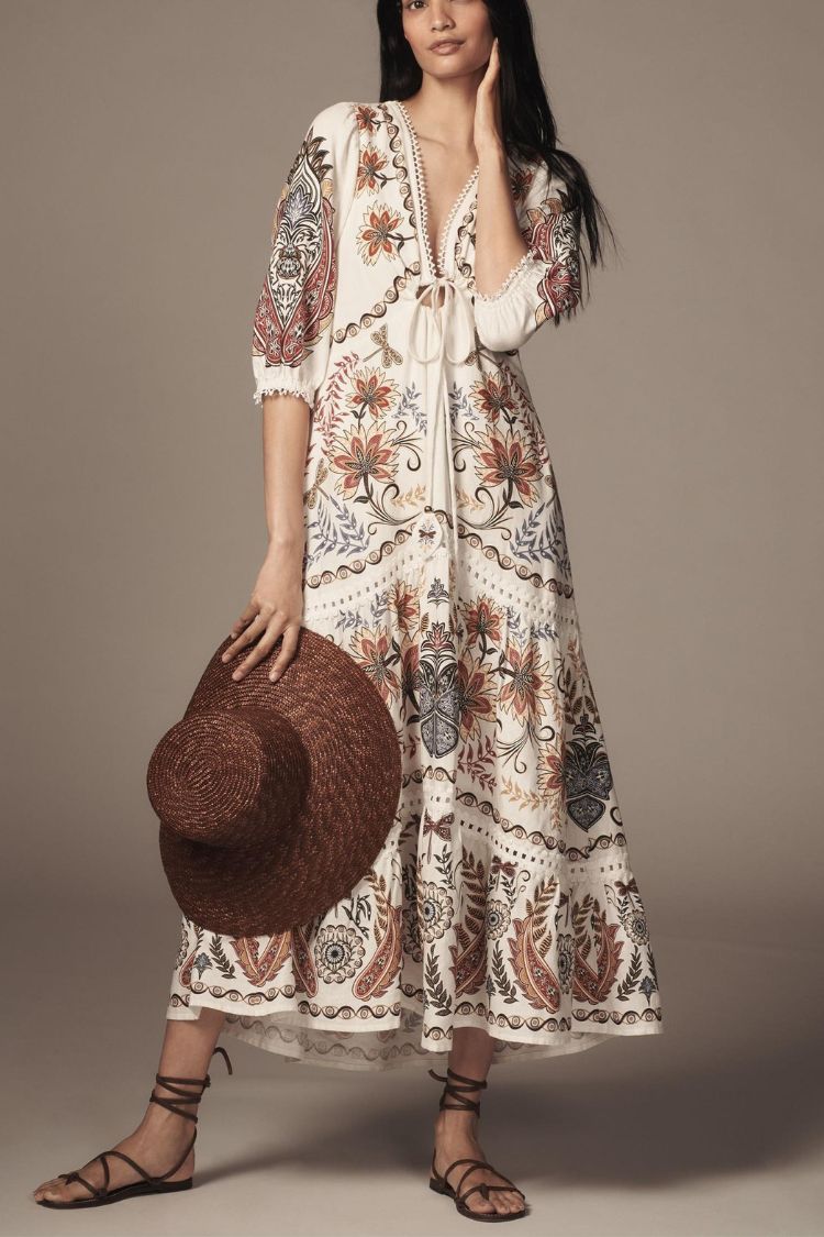 Puerto Rico Unique Print Tie-up Half Sleeve A-line Tiered Maxi Dress