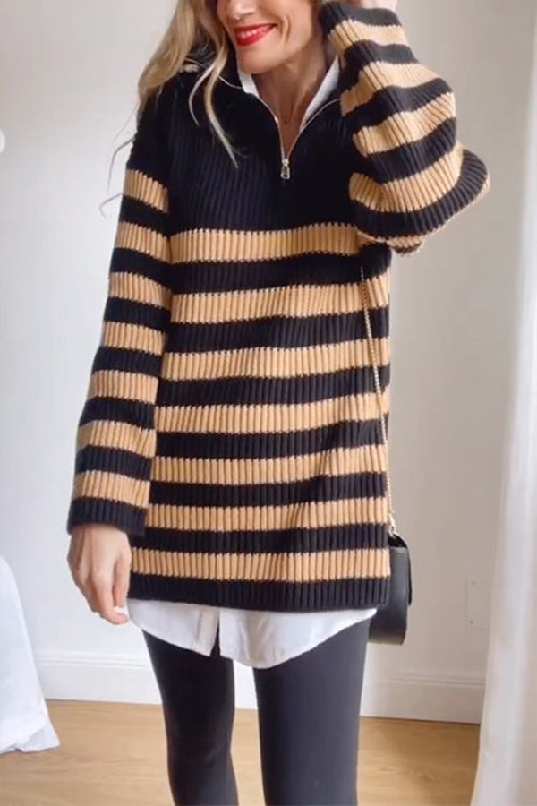 Quarter Zip V Neck Ribbed Knit Striped Pullover Sweater stripe