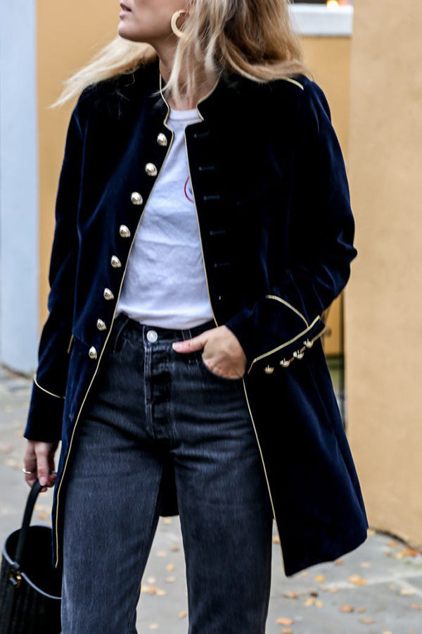 Warm velvet patchwork multi-button women's jacket Navy blue