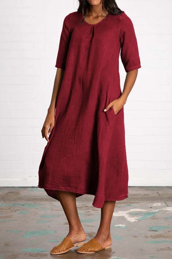 Round Neck Half Sleeve Long Solid Color Casual Cotton Linen Dress Red