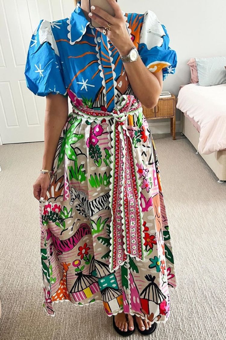 Daliah Unique Printed Wave Lace Puff Sleeves Loose Pocket Maxi Dress