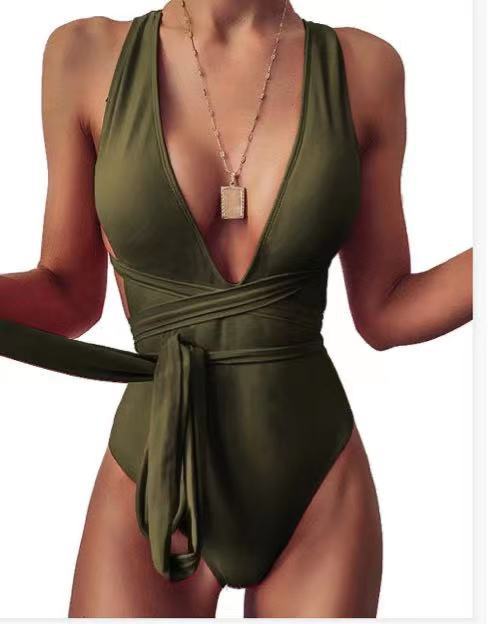 Deep V-neck Strap One-piece Swimsuit Olive green