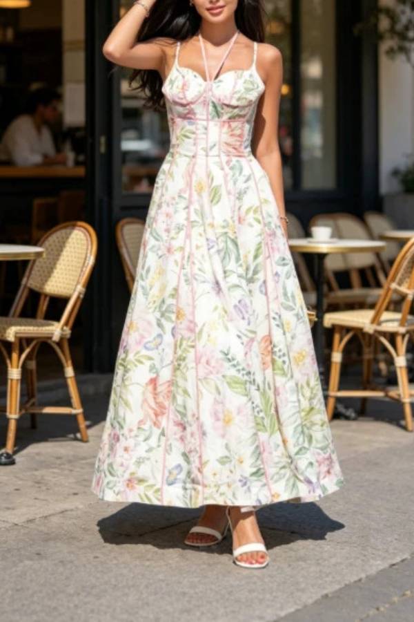 Halter Thin Strap Oil Painting Floral Boned Corset Midi Dress