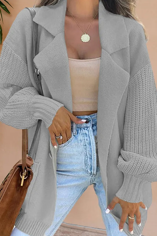 Women's Suit Collar Knitted Patchwork Woolen Jacket Grey