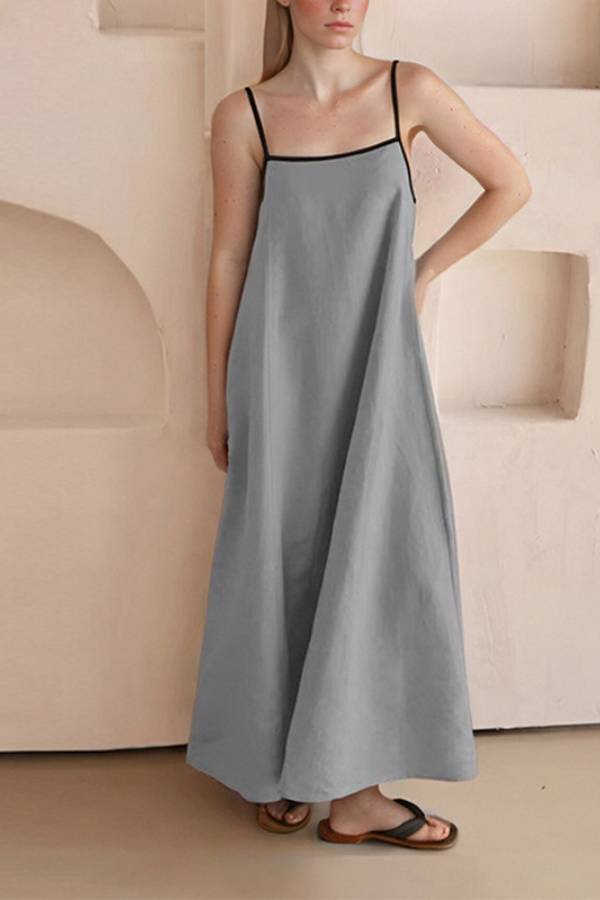 Linen Midi Dress with Spaghetti Straps Grey