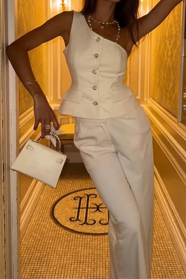 Fashion One-shoulder Slim-fit Button Vest and Casual Pocket Straight-leg Suit Pants Set