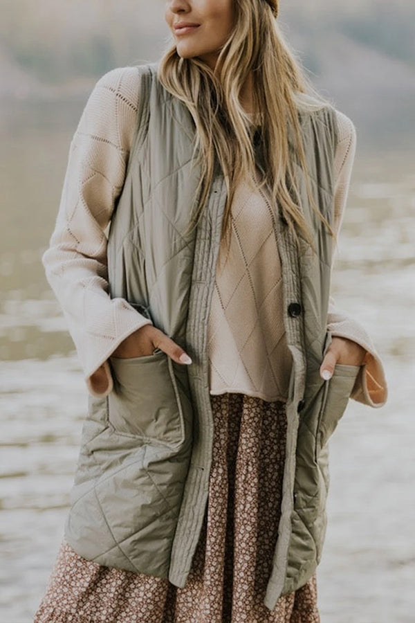 Grass Green Thermal Quilted Pockets Vest Coat Green