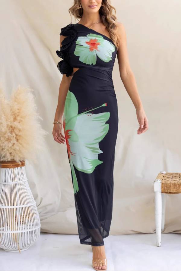 One-Shoulder Ruffled Printed Mesh Bodycon Maxi Dress