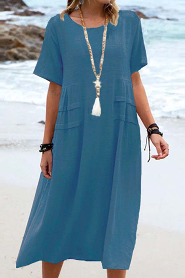 Summer loose casual cotton and linen solid color round neck short-sleeved mid-length dress Blue