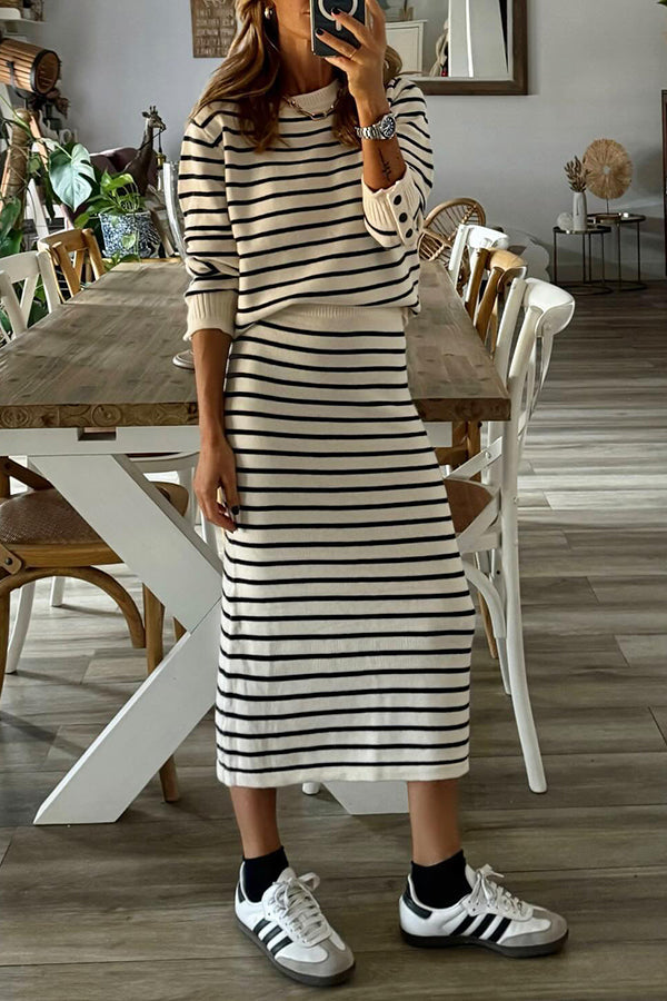Striped sweater commuter midi skirt high waist skirt suit White