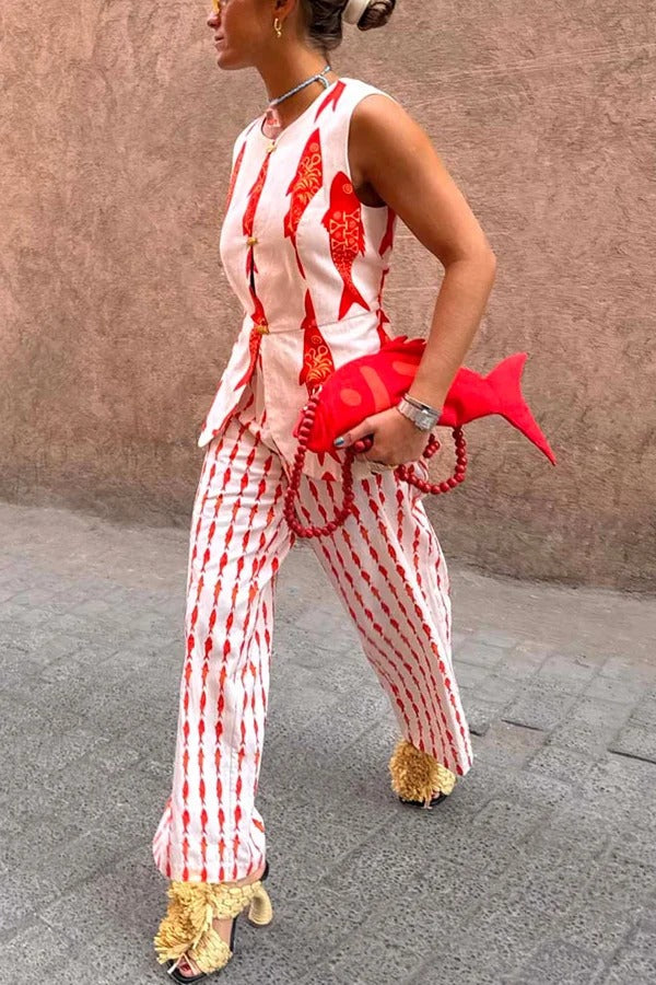 Good Luck Linen Blend Koi Pattern High Rise Elastic Waist Loose Pants