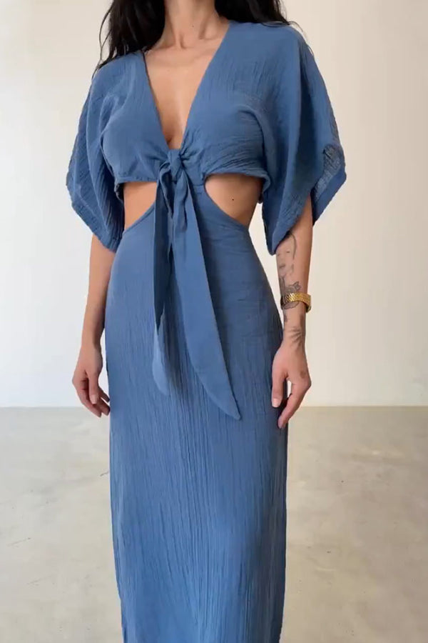 Lace-up Exposed Waist Cotton and Linen Dress Blue