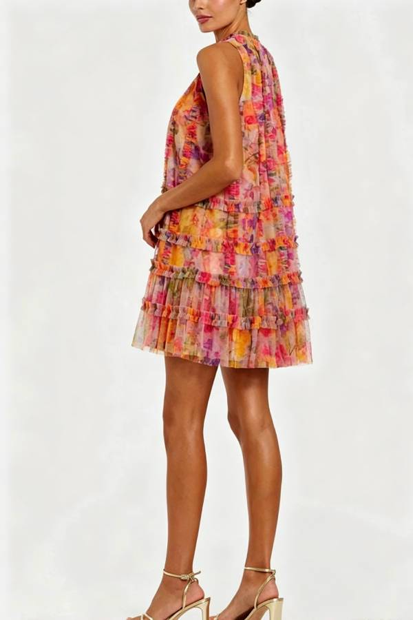 Lorei Mesh Floral Print High Neck Sleeveless Ruffle Trim A-line Mini Dress