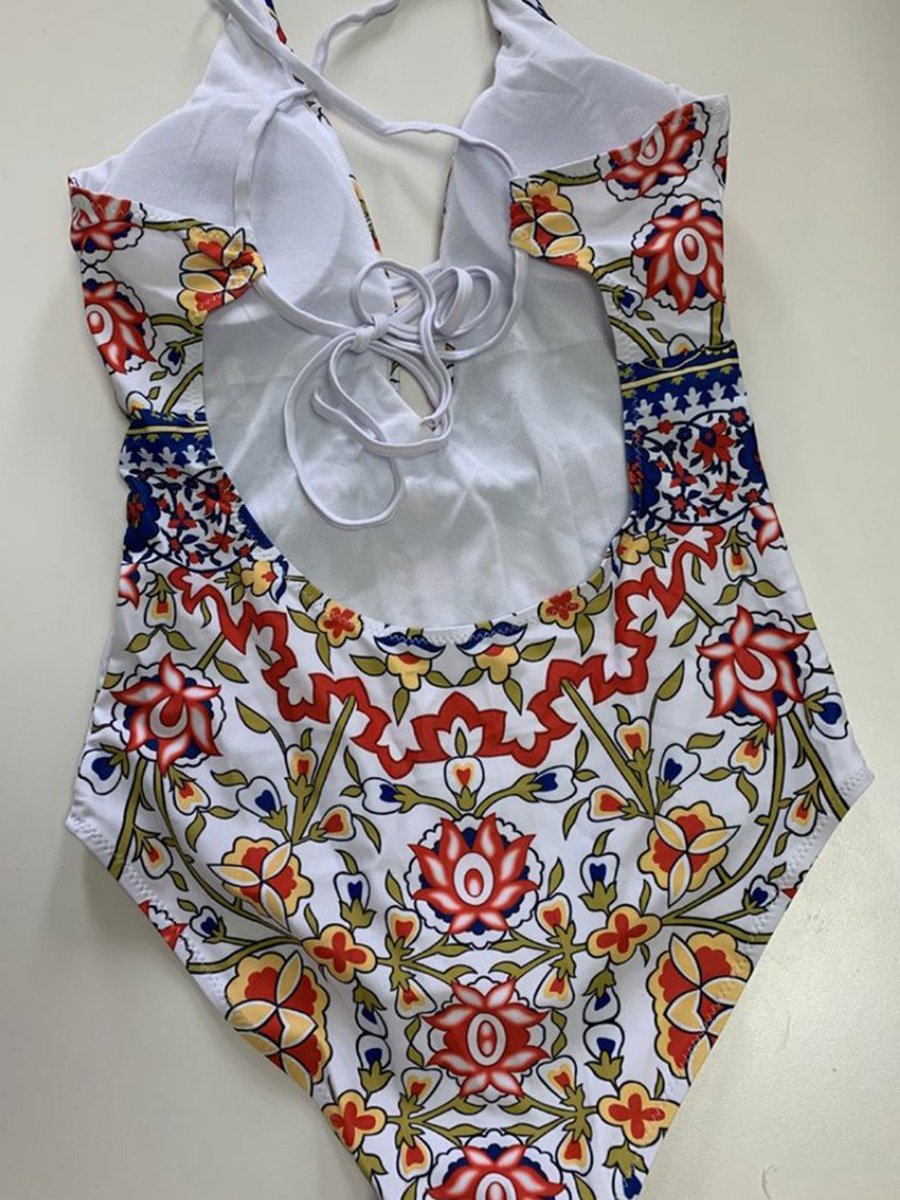 Ethnic Crisscross Strappy Low Back High Leg Deep V One-piece Swimsuit