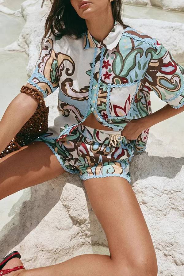Paisley Floral Print Scallop Trim Short-Sleeve Shirt & Shorts Two-Piece Set