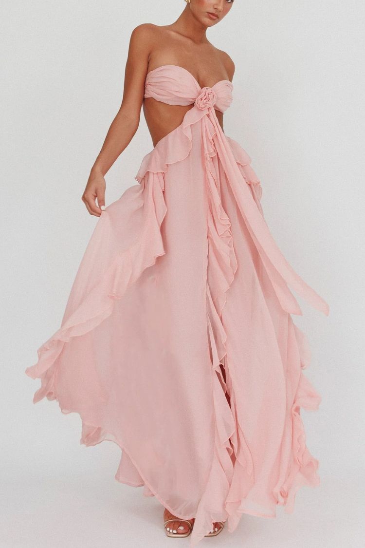 Gorgeous Vacation Halter Rose Detail Cut Out Ruffles Backless Maxi Dress
