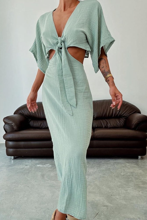 Lace-up Exposed Waist Cotton and Linen Dress Mint green