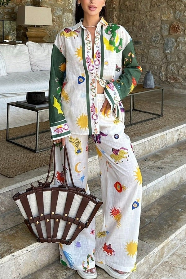 Zoie Linen Blend Unique Print Long Sleeve Loose Shirt and Elastic Waist Pocketed Pants Set Green