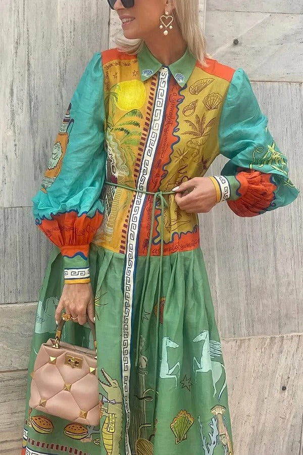 Puts A Smile Unique Print Lapel Lantern Sleeve Waist Tie Midi Dress