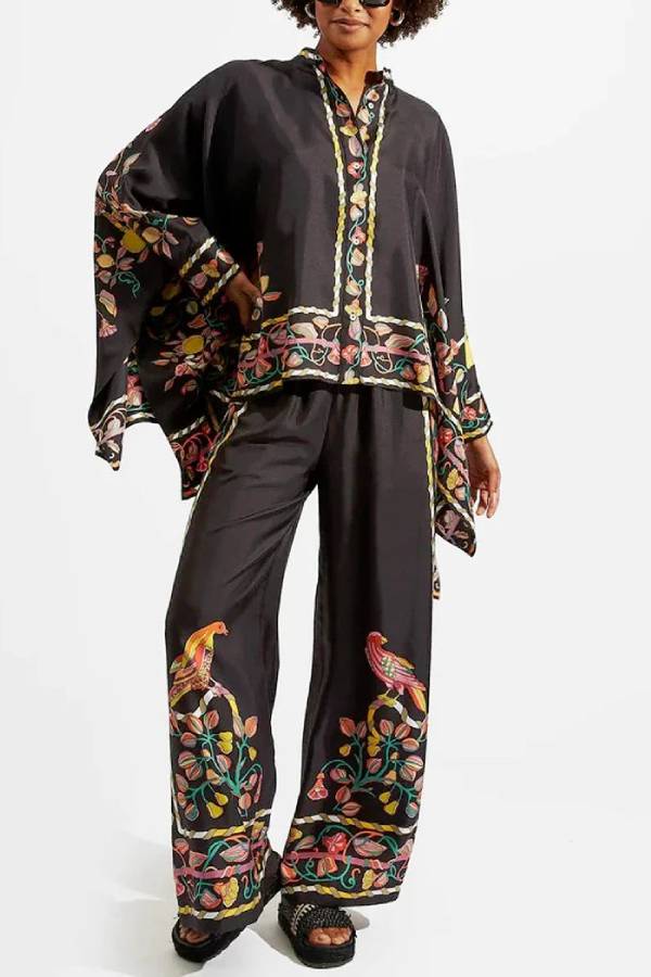 Fine Satin Floral Print Batwing Sleeve Pants Set - Black Black One Size