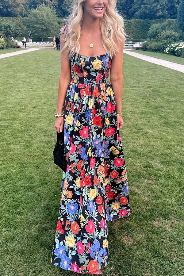 Garden Wedding Floral Print Back Tie-up Pocketed Slit Maxi Dress Black