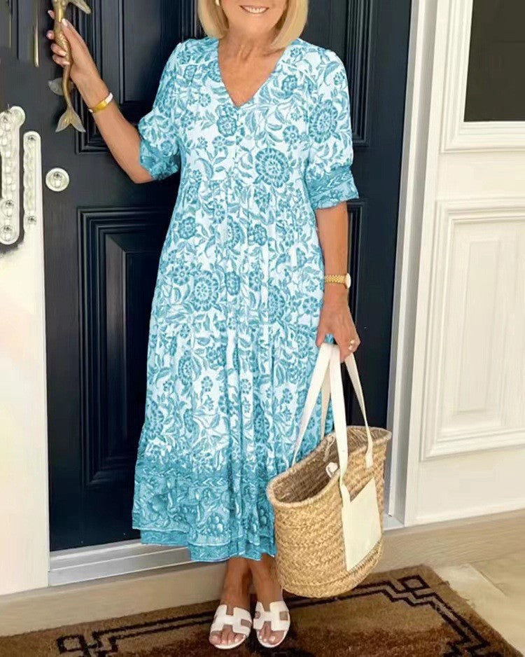 💥2023 Newest 😍V-neck Bohemian Dress👗 Lake Blue