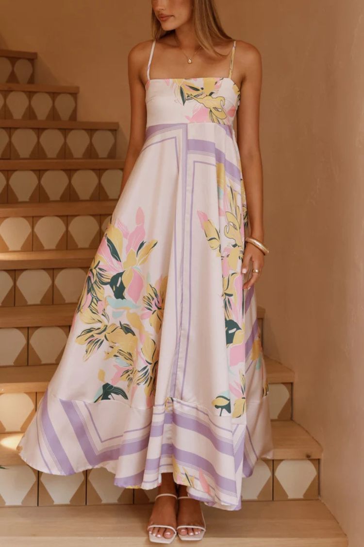 Botanical Print Square Neck Suspender Casual Full Hem Maxi Dress Purple