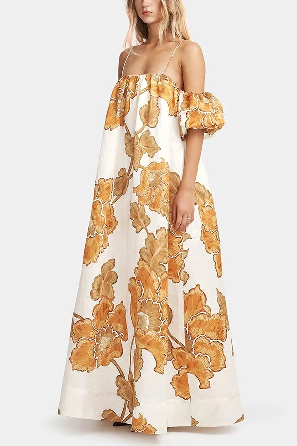 Maxikleid mit Blumendruck, Hosenträgern, Puffärmeln, lockeren Taschen und Urlaubs-Maxikleid 