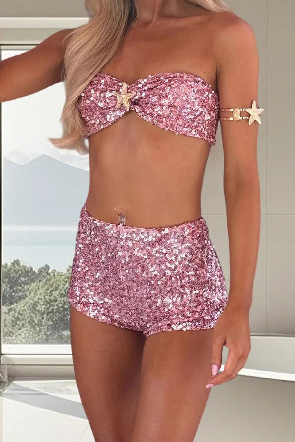 Stylish Sequined Starfish Embellished Top and Casual Slim-fit Shorts Set