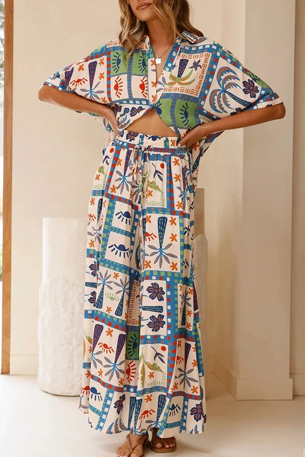 Unique Print Lapel Short Sleeve Loose Shirt and Elastic Waist Casual Pocket Wide Leg Pants Set