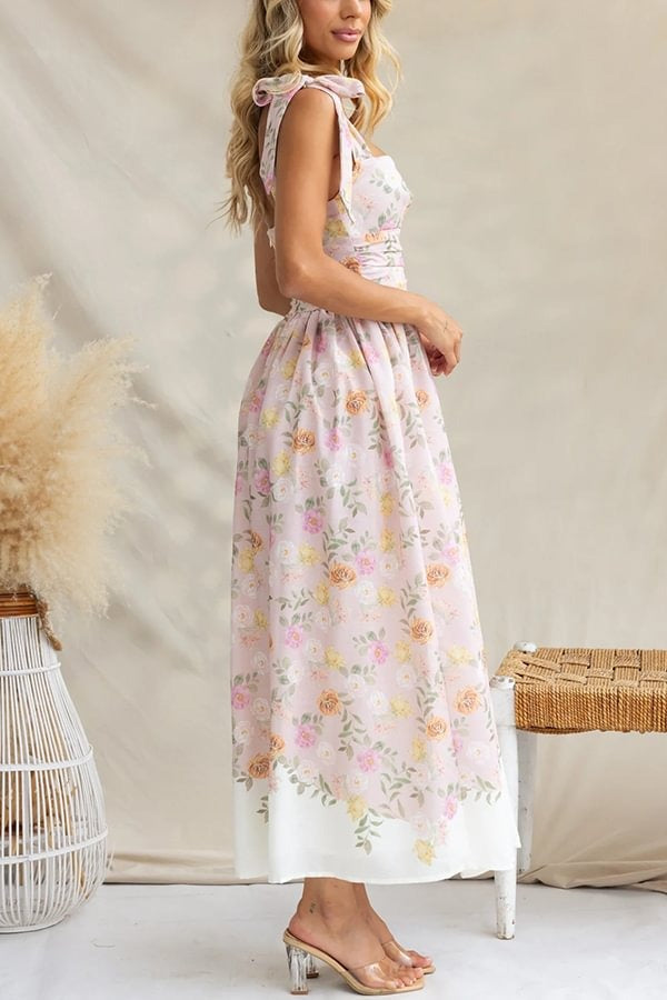 Elegant Floral Print Suspenders Slim Maxi Dress