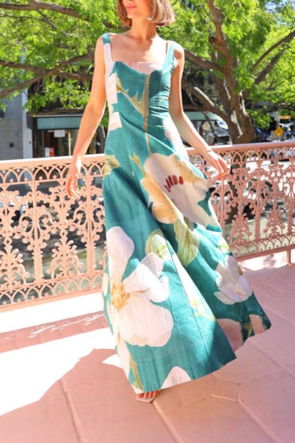 Square Neck Sleeveless Floral Print Waist-Cinched Maxi Dress