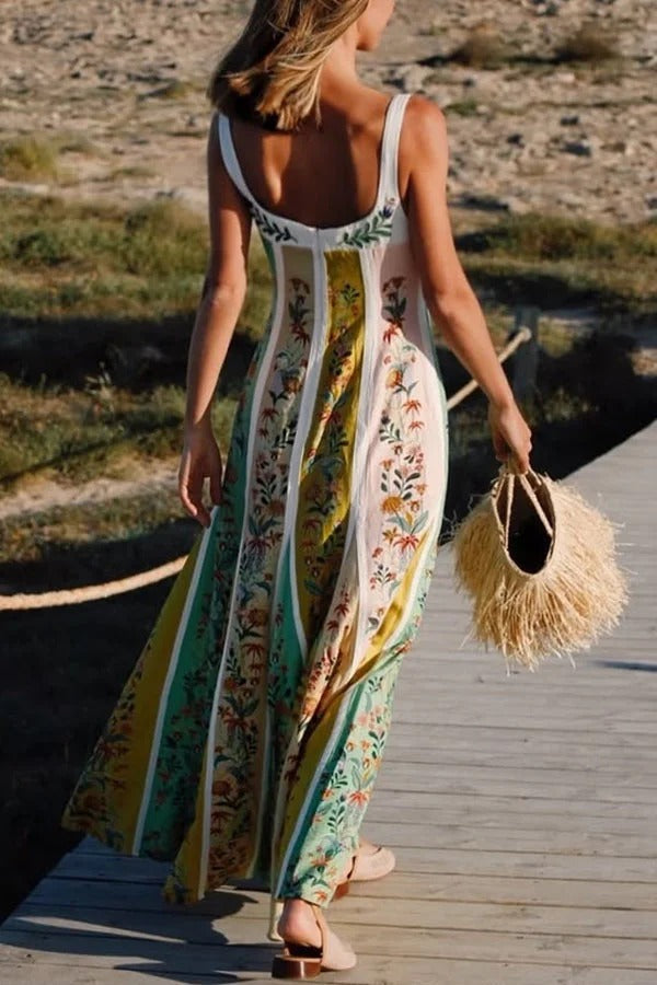 Sweet Garden Linen Blend Color Block Floral Paneled Maxi Dress